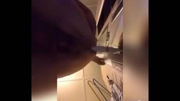 getting fucked from behind using cupboard door and a big dildo